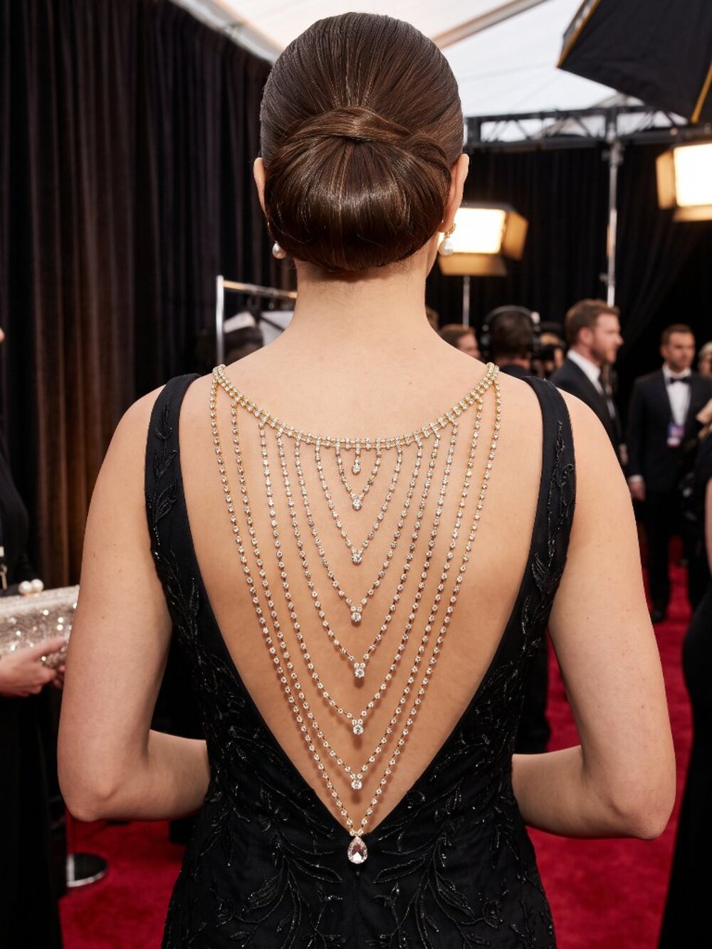Gold Tone Rhinestone Waterfall Back Necklace Open Back Formal Dress Jewelry WN80